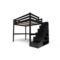 lit mezzanine bois avec escalier cube sylvia 140x200  noir cube140-n