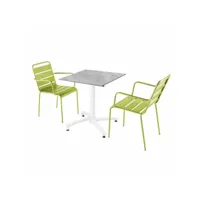 ensemble table de terrasse stratifié marbre et 2 fauteuils vert