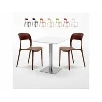 table carrée 60x60 plateau blanc avec 2 chaises colorées restaurant hazelnut