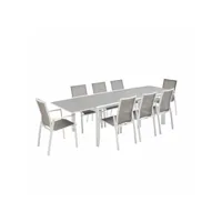 salon de jardin table extensible - washington taupe - table en aluminium 200-300cm. plateau en verre dépoli. rallonge et 8 fauteuils en textilène