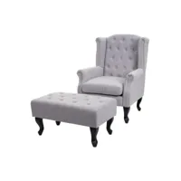 fauteuil de luxe chesterfield, fauteuil à oreilles, tissu hydrofuge ~ gris avec ottomane