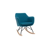 rocking chair scandinave en tissu bleu canard, métal noir et bois clair aleyna