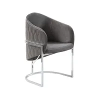 chaise de salle à manger design avec capitonnage à l'arrière revêtement en velours gris foncé et piètement en acier inoxydable argenté collection seneca viv-99218