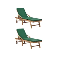 lot x2 chaises longues bois teck massif à roulettes avec coussins - vert 3054635