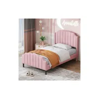 lit en velours rose rembourré 90x200 cm avec tête de lit, pied de lit et sommier à lattes moselota