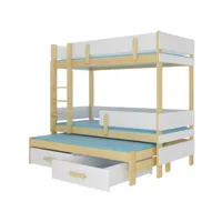 lit superposé 2 niveaux avec 2 tiroirs de rangement bois de pin naturel et blanc 90x200 palko
