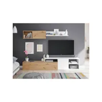 meuble tv et étagère blanc-chêne - toza - banc tv : l 221 x l 40 x h 44 cm ; etagère blanche : l 90 x l 21 x h 22 ; etagère bois : l 90 x l 28.5 x h 31 cm