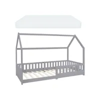 lit d'enfant design en forme maison 90x200 cm gris clair avec matelas à mousse froide polyester, h:10 cm, housse amovible, sommier à lattes 490007385