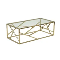 table basse design en verre transparent et métal doré rectangulaire denys