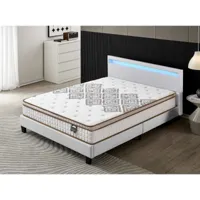 lit avec tête de lit + matelas 140x190cm ressorts ensachés épaisseur 28cm + lit, tête de lit led et sommier à lattes