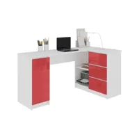 balaur - bureau informatique d'angle contemporain 155x85x77 cm - 3 tiroirs gloss - table ordinateur multi-rangements - blanc/rouge laqué