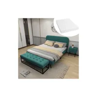 (ensemble de chambre à coucher mit matratze) lit double au design moderne + 1 table de chevet + tabouret de lit, table de chevet avec un tiroir, ensemble de meubles de chambre à coucher, velours, vert (140x200cm) moselota
