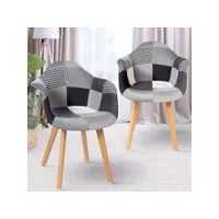 lot de 2 chaises de salle à manger scandinaves sara motifs patchworks noirs, gris et blancs