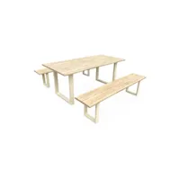 table de jardin 6 places en bois avec bancs bois d'acacia et structure en acier ivoire