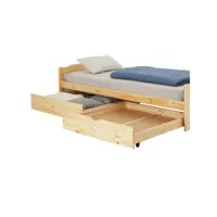 lot de 2 tiroirs felix pour lit enfant en 90x200 cm, rangement sous lit simple ou superposé, en pin massif vernis naturel