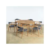 ensemble table ronde en teck et 6 fauteuils en teck et corde pk27010