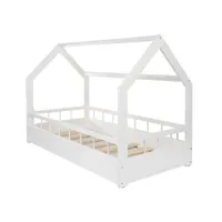 lit pour enfant maison cabane en bois naturel 2-en-1 avec barreaux : ambiance naturelle boisée 160x80 cm - blanc