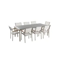 table de jardin en plateau granit gris poli 220 cm avec 8 chaises blanches grosseto 33329