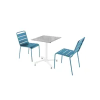 ensemble table de terrasse stratifié marbre et 2 chaises bleu pacific