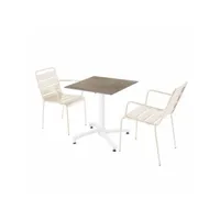 ensemble table terrasse stratifié marbre beige et 2 fauteuils ivoire