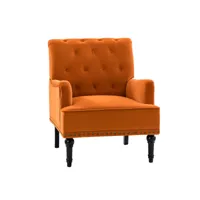 fauteuil à oreilles avec accoudoirs du milieu du siècle, fauteui moderne en velours à dossier haut avec pieds en bois, fauteuil club rembourré, orange