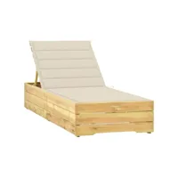 transat chaise longue bain de soleil lit de jardin terrasse meuble d'extérieur avec coussin crème bois de pin imprégné helloshop26 02_0012436