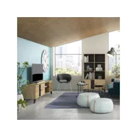 pinia - pack salon meuble tv 181cm + bibliothèque effet chêne naturel et noir