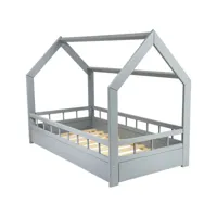 lit pour enfant maison cabane 2-en-1 avec barreaux et matelas : ambiance naturelle boisée 160x80 cm - gris
