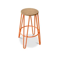 tabouret rond - design industriel - bois & métal - 74cm - hairpin orange
