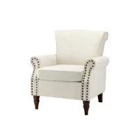 fauteuil modern wingback avec pieds en bois coussin déhoussable et bordure de clous chaise de salon tapissée confortable chaise sofa simple pour salon chambre à coucher, blanc