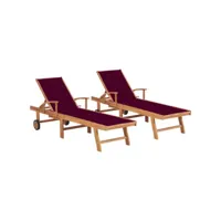 chaises longues 2 pcs avec coussin rouge bordeaux teck solide