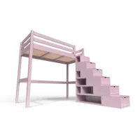 lit mezzanine bois avec escalier cube sylvia 90x200 violet pastel cube90-vip