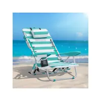 songmics chaise de plage portable avec appui-tête, siège d’extérieur, dossier haut réglable jusqu'à 180 °, avec porte-gobelet et poche, accoudoirs, charge 150 kg, rayures vertes et blanches gcb62jw chaise de plage portable avec appui-tête 68 x 63 x 75 cm