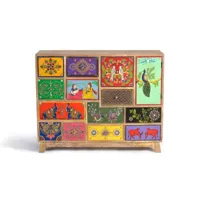 commode 13 tiroirs et 1 porte en bois de manguier, avec des détails peints à la main : 90x112x35 cm