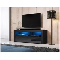 meuble banc tv - 140 cm - noir mat / noir brillant - avec led - style moderne mex