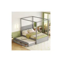 lit à baldaquin 140 x 200, avec lit simple escamotable et trois tiroirs de rangement, gris moselota