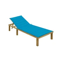 transat chaise longue bain de soleil lit de jardin terrasse meuble d'extérieur 200 cm avec coussin bleu bois de pin imprégné helloshop26 02_0012308