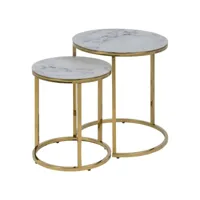 lot de 2 tables d'appoint ronde en marbre et métal - diam.45cm + diam.35cm - doré, blanc et noir