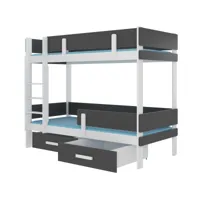 lit superposé 2 niveaux avec 2 tiroirs de rangement blanc et gris graphite 90x200 palko
