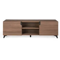 meuble tv 2 portes 2 niches en bois écologique marron et pieds acier noir kalieto 180 cm