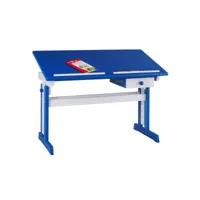 bureau enfant écolier junior flexi table à dessin réglable en hauteur et pupitre inclinable avec 1 tiroir en pin lasuré blanc bleu