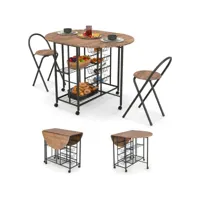 giantex ensemble table à manger et 2 chaises pliables, table polyvalente pliable extensible à 6 roulettes & 2 étagères & 4 paniers coulissants, pour salle à manger cuisine salon, industriel (rustique)