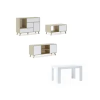 ensemble wind, structure couleur chêne, porte et tiroir blanc-buffet-meuble tv- table basse-table setroblmebl