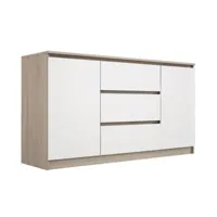 commode 3 tiroirs et 2 portes sonoma chêne blanc, l : 140 cm, h: 101 cm, p : 39 cm, meuble de rangement