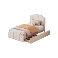 lit rembourré 90 x 200 cm, lit enfant avec 2 tiroirs de rangement, avec tête de lit, pied de lit et sommier à lattes, beige