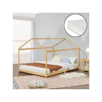 lit cabane vindafjord pour enfant 160 x 200 cm avec matelas sommier à lattes bambou naturel [en.casa]