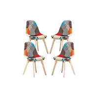 lot de 4 chaises patchwork tulipe scandinave - tissu recouvert de pieds en bois - multicolore