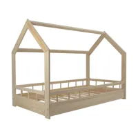 lit cabane maison en bois naturel brut 160x80 cm avec barreaux : charme authentique pour la chambre d'enfant