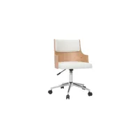 chaise de bureau à roulettes design blanc, bois clair et acier chromé mayol