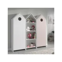 havre - pack bibliothèque + 2 armoires blanche et rose